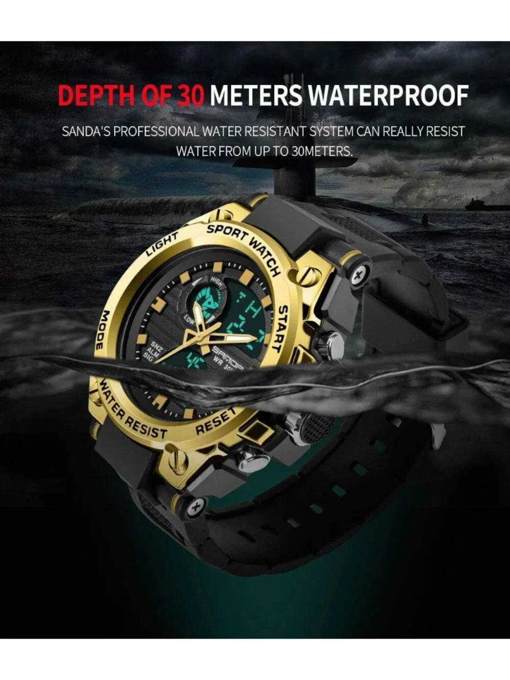 Men's Black Gold Analog Quartz Sports Outdoor Waterproof Military Digital Watch